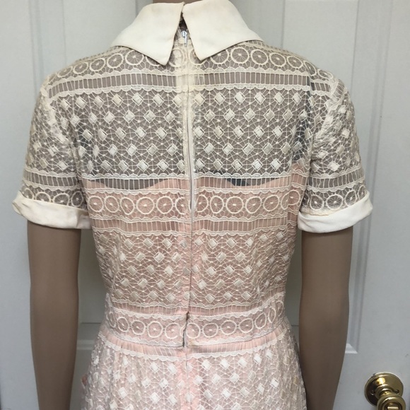 Vintage 1940’s Pink Midi Sheath Wiggle Dress Collared Embroidered Lace Overlay - Picture 7 of 14